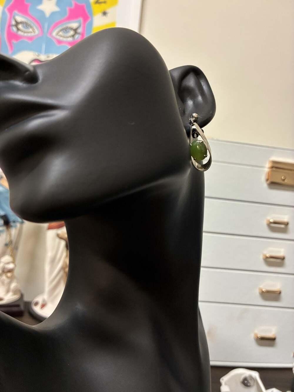 Vintage 1970s Modernist Silver Tone Green Jade Cabochon Drop Earrings